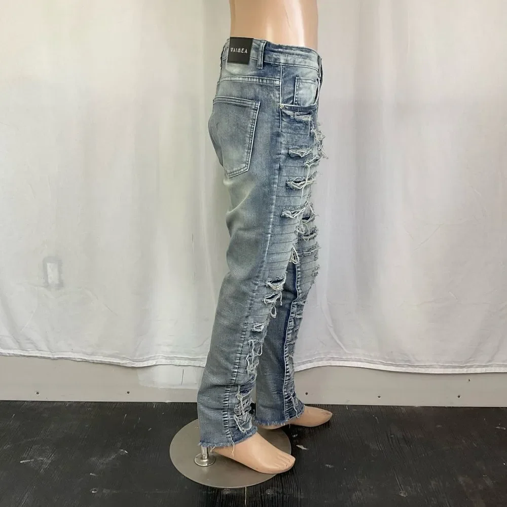 WAIMEA Skinny Fit Ripped Distressed Light Wash Streetwear Jeans 36X32